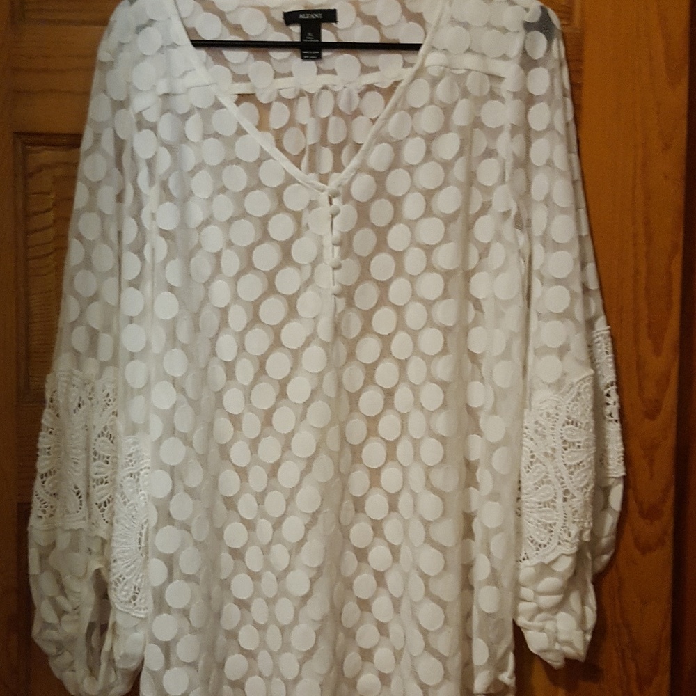 XL Alfani blouse, white, sheer with white polka do